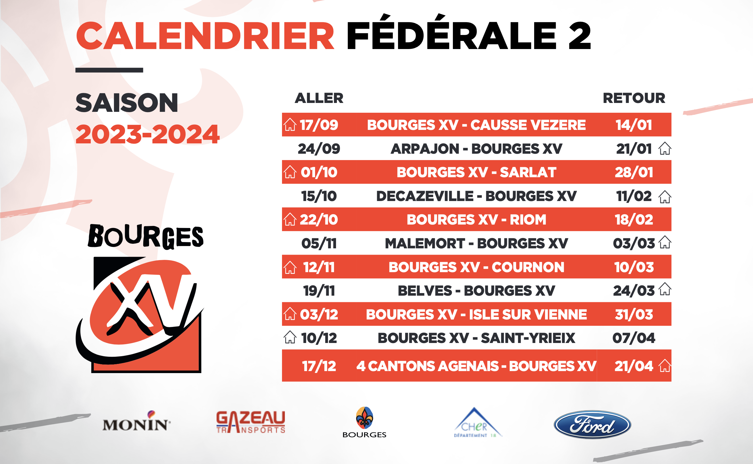 Planning des matchs Saison 2023-2024